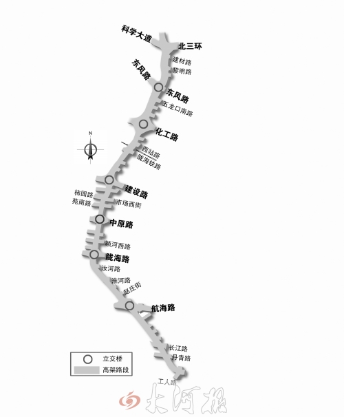 截至目前，僅剩西三環(huán)跨長江路、丹青路高架橋金水河處一座箱梁尚未澆筑。