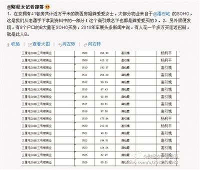 網(wǎng)友“財經(jīng)女記者部落”微博稱，“房姐”多處房產(chǎn)購自潘石屹的SOHO中國。網(wǎng)絡截圖