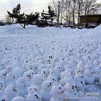 網(wǎng)傳“煙臺男子大學(xué)生堆1314個雪人表白”。微博圖