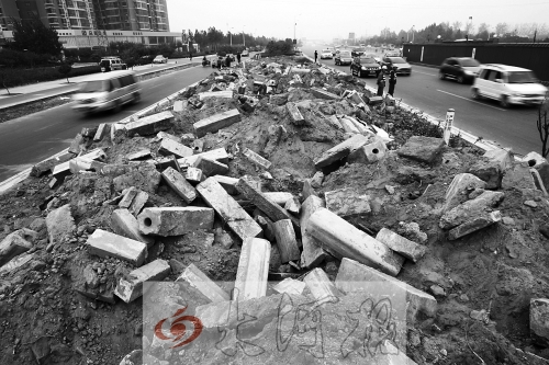 中州大道部分路段，綠化帶成了垃圾場(chǎng)。