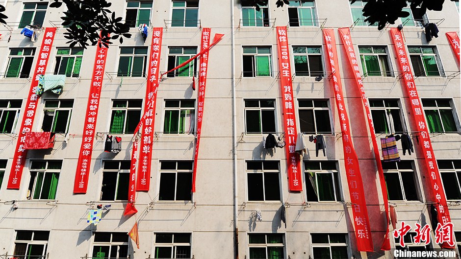 圖為男生宿舍掛起的二十多條橫幅。