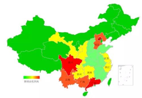 端午期間省域擁堵情況。來源：交通部聯(lián)合其他機(jī)構(gòu)發(fā)布的《2018年端午全國(guó)公路網(wǎng)出行預(yù)測(cè)報(bào)告》。