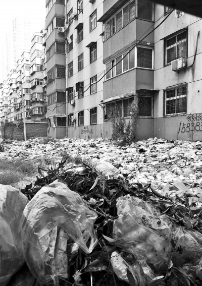 透過擋板縫向內看，30多米垃圾已經(jīng)將居民樓包圍。
