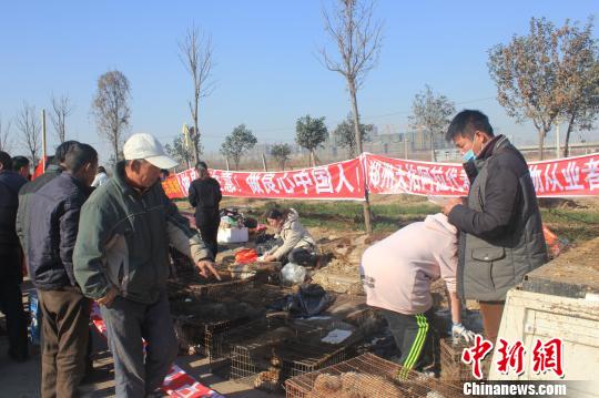 圖為百余名愛狗人士把老李的貨車攔截，數(shù)十人正在從貨車上卸下裝滿狗的鐵籠。　馬義恒　攝