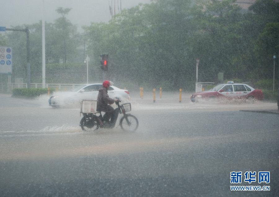 5月11日，車輛在深圳西麗留仙大道涉水前行。