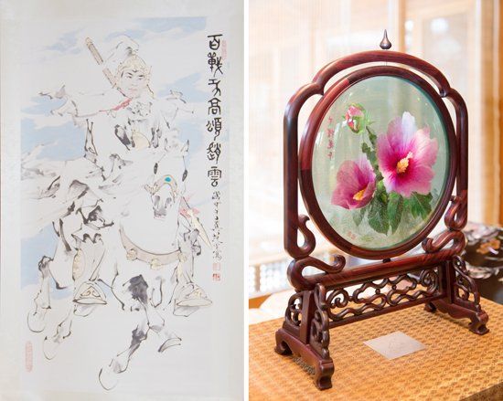 　當(dāng)?shù)貢r(shí)間2014年7月4日，中國國家主席習(xí)近平向韓國總統(tǒng)樸槿惠贈送的趙云畫像（左）和木槿花玻璃工藝