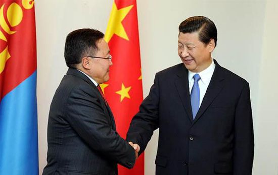 去年9月12日，國家主席習(xí)近平在比什凱克會見蒙古國總統(tǒng)額勒貝格道爾吉。 新華社記者謝環(huán)馳攝