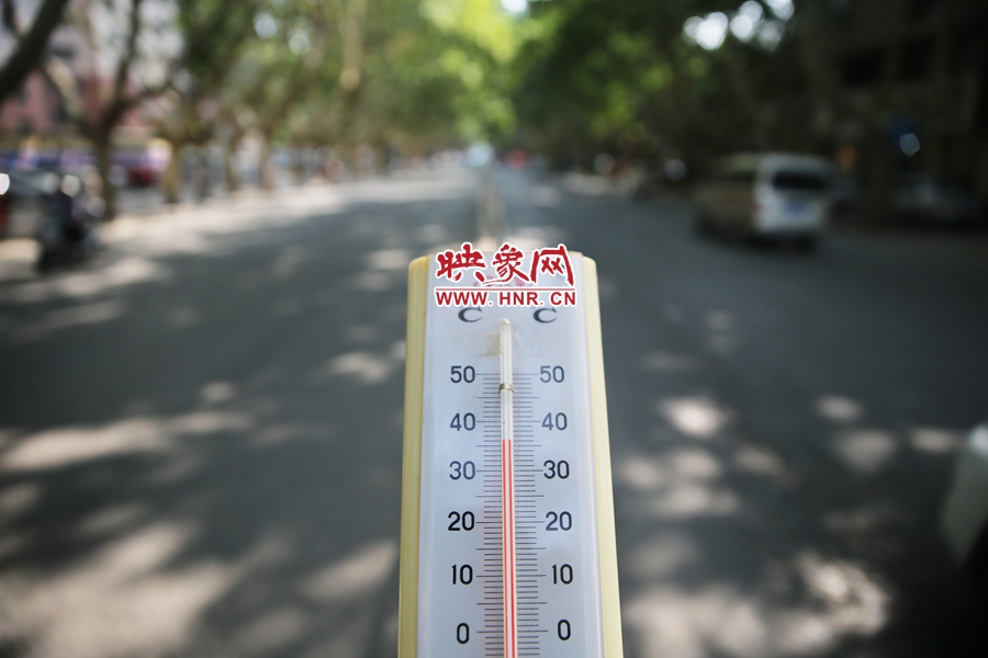 7月8日下午15時(shí)30分，人民路樹陰處溫度為36度，比人防納涼處高11度。