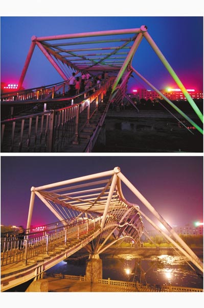 花園路西側(cè)東風(fēng)渠景觀橋，上圖攝于7月31日晚間，下圖攝于10月9日晚間。