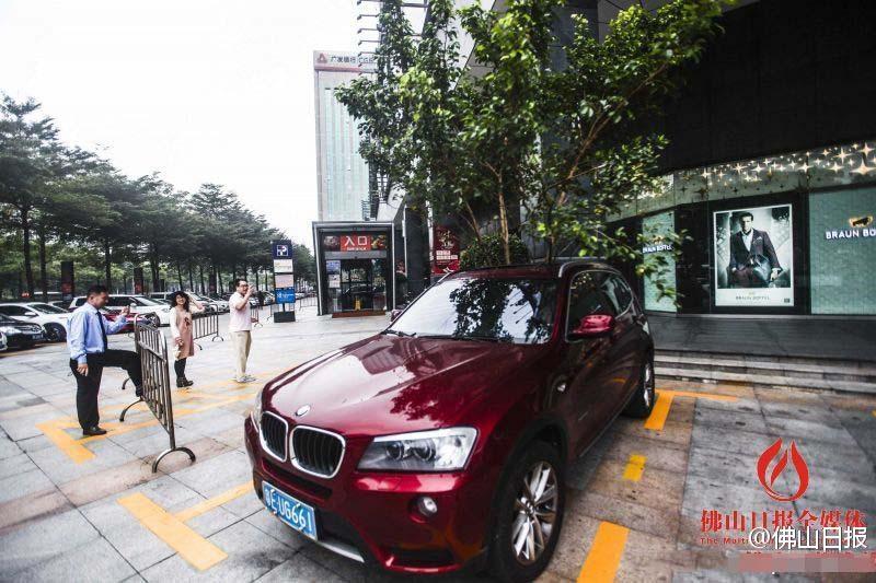 一輛停在停車位上的寶馬轎車，被墜落的樹枝砸中，樹枝徑直插入車內(nèi)，現(xiàn)場引發(fā)不少市民圍觀拍照。