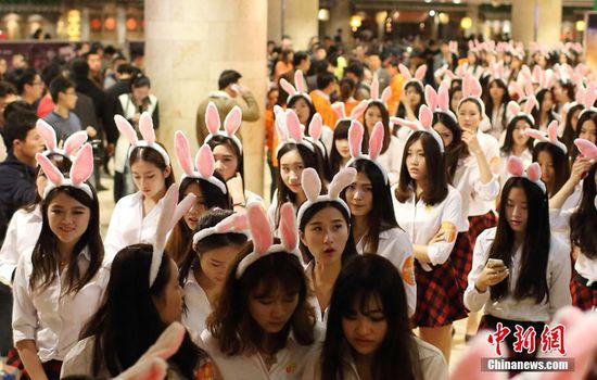 11月11日晚，一百位統(tǒng)一打扮的“兔女郎”現(xiàn)身南京新街口，逛街看電影玩快閃，走到哪里都被圍觀。