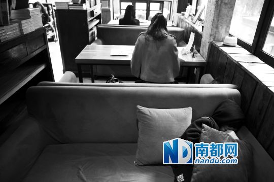 12月12日上午，不打烊書店里，12歲的楊東吃完午飯后抱著抱枕蜷在沙發(fā)里睡覺。